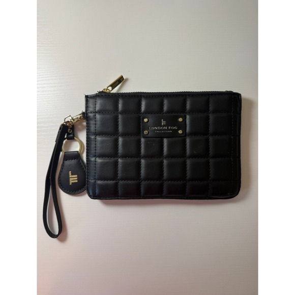 London Fog Handbags - London Fog Black Quilted Wristlet Clutch Bag Gold Hardware Travel Wallet Pouch